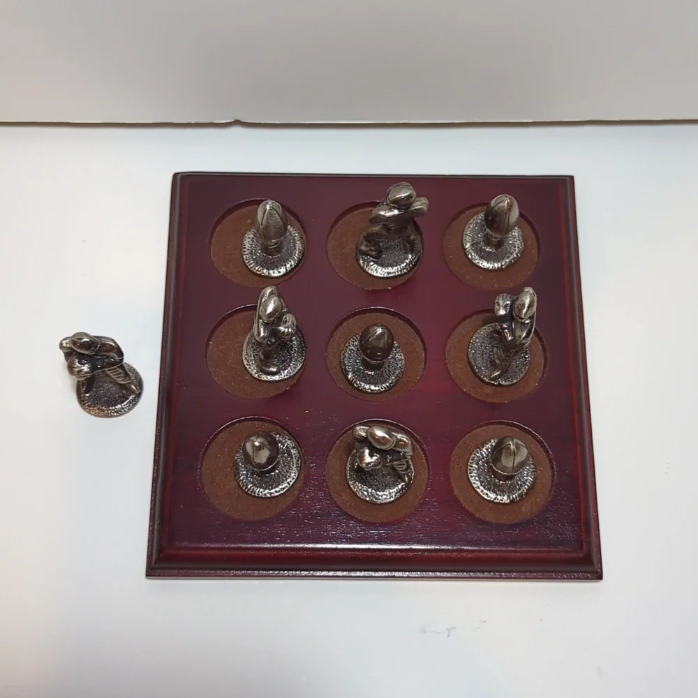 Pewter football players and footballs tic tac toe game with board